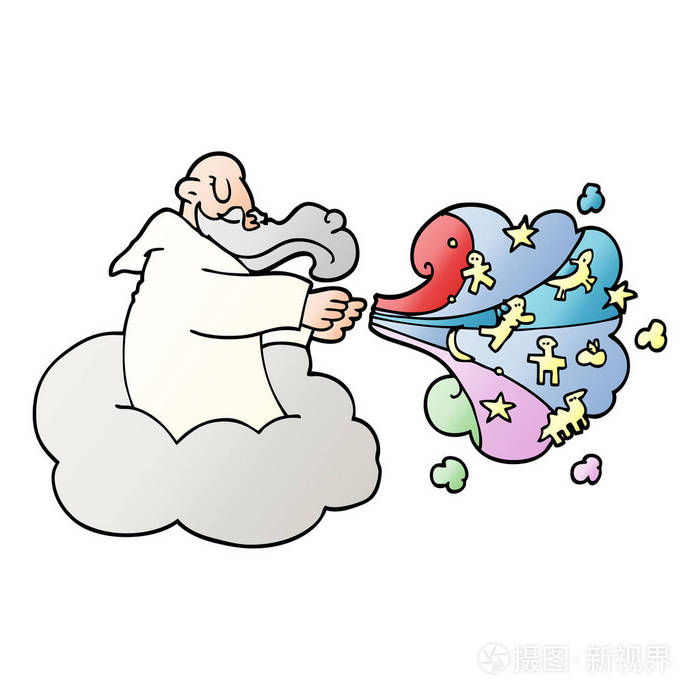 卡通涂鸦上帝在云上
