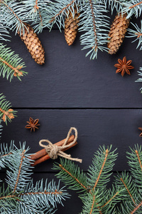 带有杉树枝和松果的圣诞图案。 肉桂将八角和杉树枝粘在黑暗的木板上。 木板上的圣诞树枝和冷杉锥。 复制空间