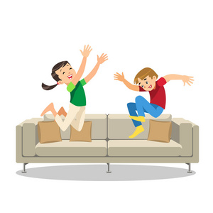 愉快的男孩和女孩跳上沙发动画片向量