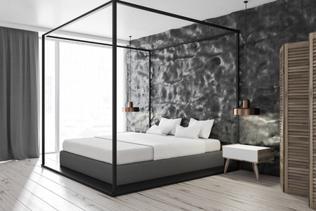 现代卧室的角落，粗糙的黑色墙壁，混凝土地板，主床和阁楼窗户。 3D渲染