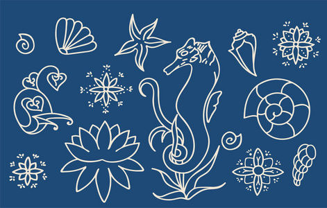 海马壳和涂鸦元素。 图形海洋生活收藏。 在深蓝色背景上分离的矢量海洋生物。 一套简单的线条图纸。 手绘插图。