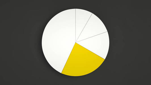 白色饼图，黑色背景上有一个黄色扇区。 信息模型。 三维渲染图