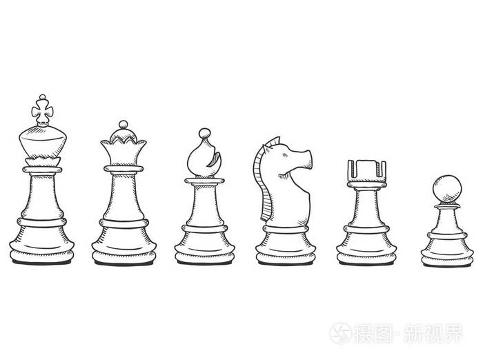 矢量集黑色素描棋子. 完整的国际象棋数字收集.
