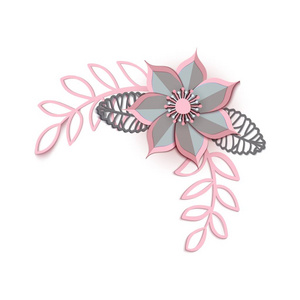 剪纸设计与花卉组成。美丽的角度背景与纸花和叶子在灰色和粉红色的颜色。花卉贺卡的框架元素。向量例证