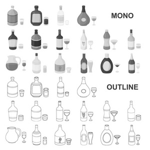 酒精单色图标在集合中的类型设计。瓶子中的酒精向量符号股票网页插图