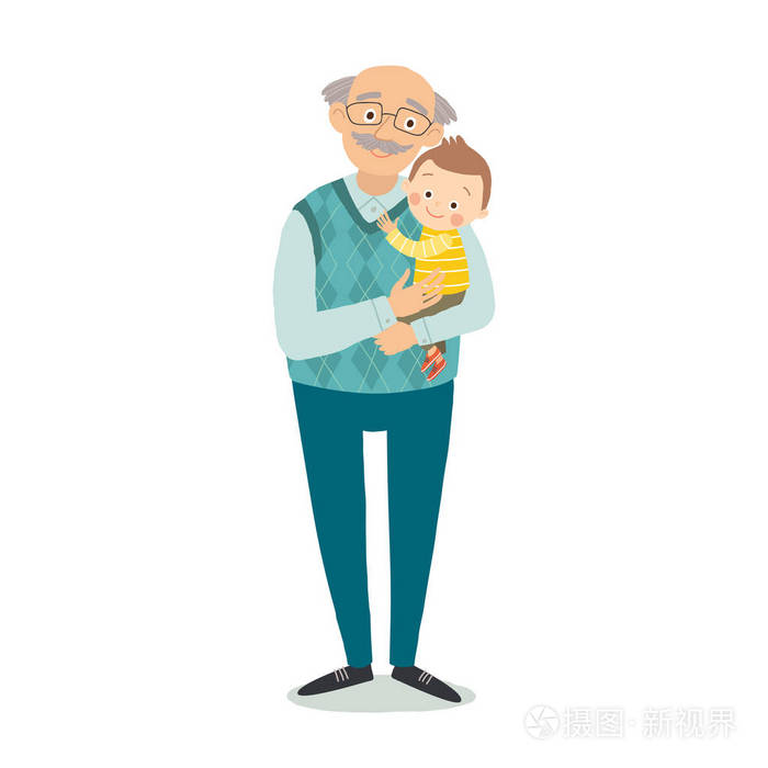 插画 爷爷和孙子在一起家庭照片.祖父母日贺卡的概念.