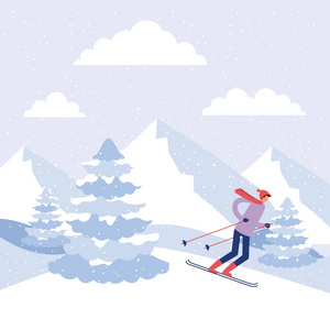 快乐寒假阿尔山男孩滑雪矢量插图