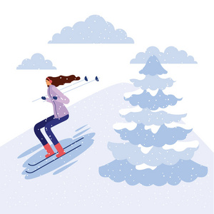 快乐寒假阿尔普云蒙丹女孩滑雪矢量插图
