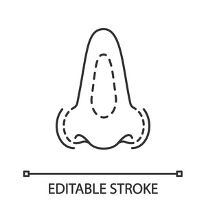 鼻成形术线性图标。 鼻子整形。 细线插图。 鼻子整形手术。 面部年轻化。 轮廓符号。 矢量孤立轮廓绘制。 可编辑行程