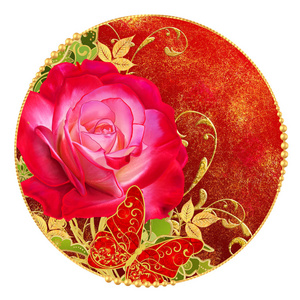 圆圈里的装饰图案。 佩斯利元素精致的纹理银叶，由精细的花边和珍珠制成。 宝石闪闪发亮的卷发线从珠芽糊粉红色玫瑰。
