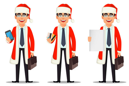 商人卡通人物在圣诞老人服装集三种姿势。 英俊的商人拿着智能手机，拿着信用卡，拿着空白的标语牌。 矢量图。