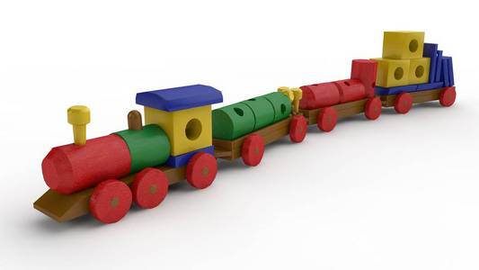 木制玩具的三维插图，带有汽车和设计师细节的火车。 木制元素玩具运输设计师童年礼物发展的理念。 图像在白色背景上隔离。