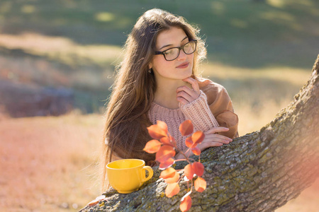 阳光明媚的秋天，美丽的年轻女子穿着时尚的针织毛衣，站在金色的秋天森林里