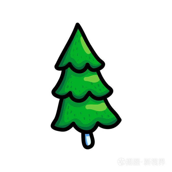 彩色卡通圣诞树孤立在白色背景与笔画.儿童图书和贺卡插图与杉树.