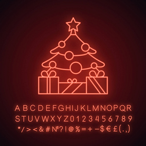 新年树有星星和礼物霓虹灯图标。用礼物装饰圣诞树。带有字母数字和符号的发光符号。矢量孤立图