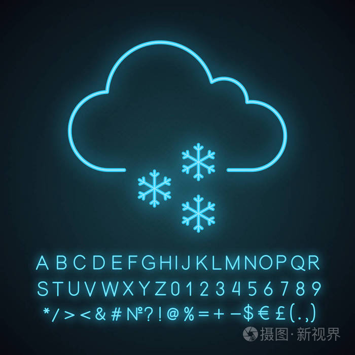 轻雪霓虹灯图标.冬天.下雪的天气.云和雪花.天气预报.