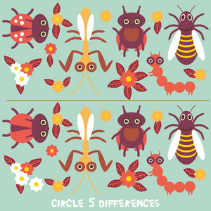 圆圈差异教育游戏为学龄前儿童图片拼图找出两张图片之间的五个差异，有趣的昆虫蝴蝶蜻蜓瓢虫黄蜂在绿色背景上。 矢量插图