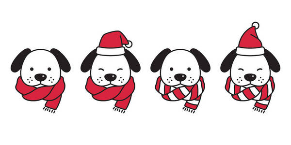 狗矢量圣诞老人法国斗牛士圣诞老人帽子圣诞围巾图标小狗头卡通人物标志插图
