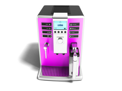 现代粉红色咖啡机与牛奶分配器在一杯前视图3D渲染白色背景与阴影。