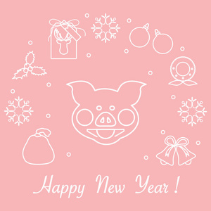 新年快乐2019年卡。 圣诞花环猪礼品标签槲寄生礼品袋球铃铛雪花。 猪是2019年中国新年的象征。