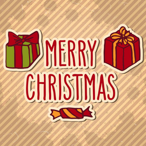 手绘涂鸦贺卡与礼物和圣诞快乐的话，在纹理条纹老式棕色背景。 假日矢量插图。