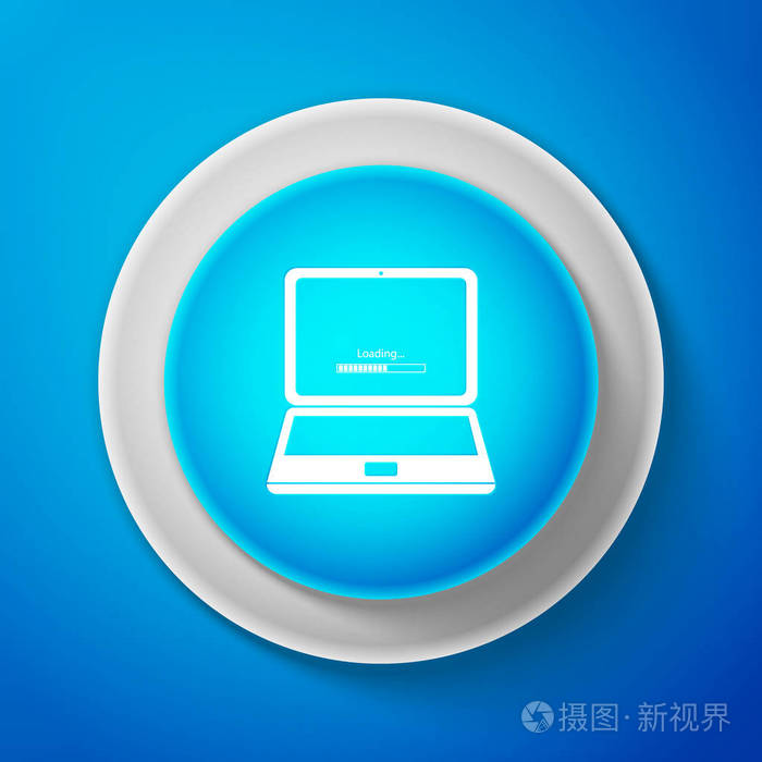 白色笔记本电脑更新过程中, 加载栏图标隔离在蓝色背景.系统软件更新.
