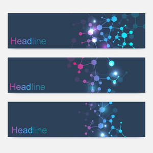 科学的一套现代的矢量横幅。连接线和点的 Dna 分子结构。科技理念。波浪流图形背景为您的设计。矢量插图