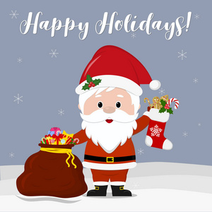 新年快乐, 圣诞快乐。可爱的圣诞老人拿着圣诞袜子和一个红色的袋子与礼物在雪花的背景。动画片样式, 向量