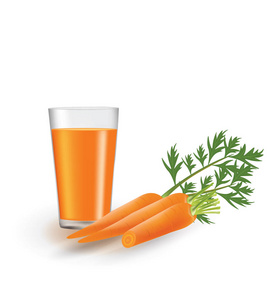 胡萝卜汁与新鲜胡萝卜旁边的玻璃载体