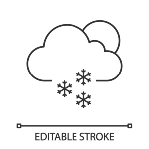 散射雪线性图标。 下雪了。 细线插图。 轻雪。 部分多云。 冬天的天气。 云雪花的太阳。 天气预报。 轮廓矢量孤立轮廓绘制。 可