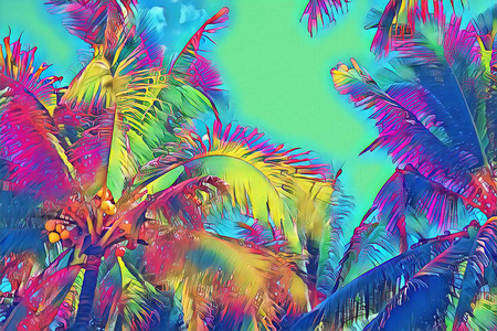 迷幻可可棕榈叶上生动的天空背景。 热带自然数字插图。 异国情调的岛屿景观。 绿色棕榈叶横幅模板。 晴天的热带天堂。 暑假卡