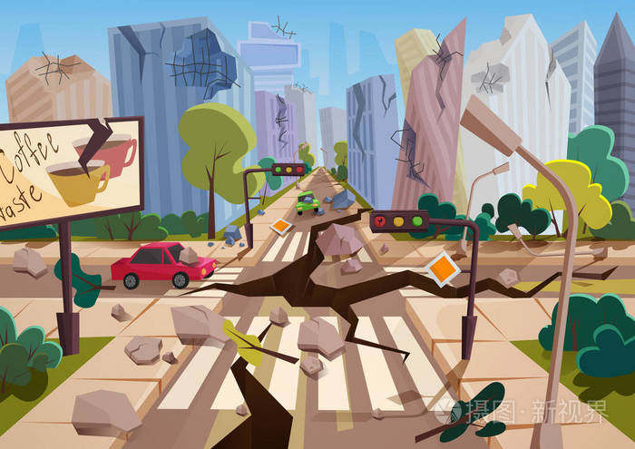 卡通片地面裂缝的现实地震, 破坏了城市房屋的裂缝和破坏.