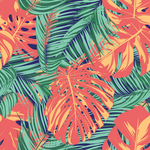 夏日异国风情的热带棕榈, 蔓叶。丛林叶无缝图案。植物的背景。Eps10 向量。夏日热带棕榈树壁纸为印刷品, 织品, 瓷砖, 墙纸