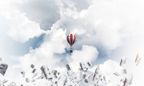 五颜六色的飞行器在纸文件和蓝色多云的天空中飞行。 三维渲染。