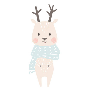 鹿冬天打印。可爱的动物在温暖的围巾圣诞卡