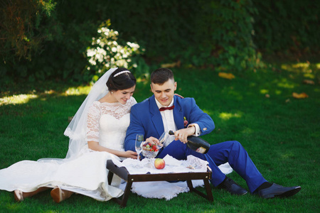 浪漫的已婚年轻家庭 夏季婚礼照片