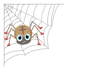 有趣的卡通蜘蛛在蜘蛛网上爬行的鞋子。在光的背景上被隔绝的向量元素