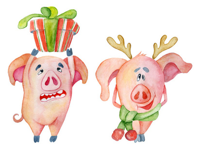 可爱的圣诞节猪与礼物水彩例证图片