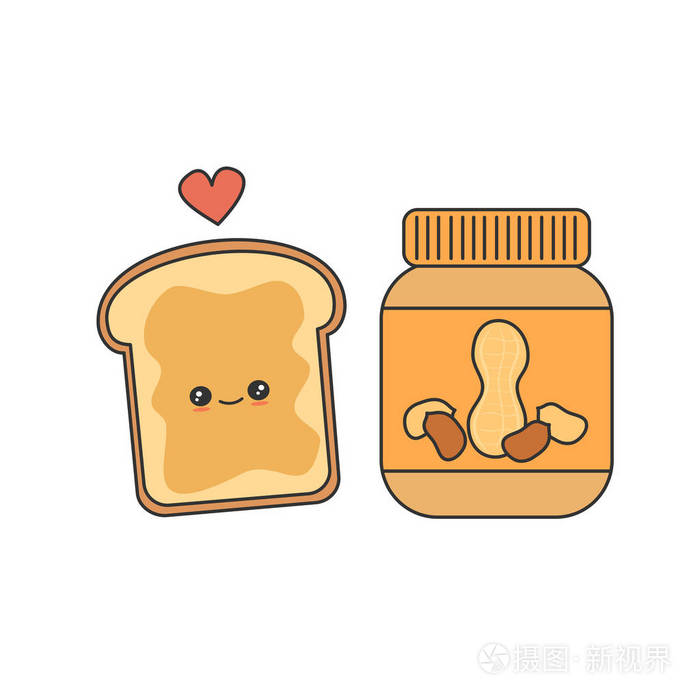 可爱的卡通花生酱罐子和面包三明治矢量插图