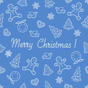 与圣诞节和新年符号无缝图案。 圣诞树，圣诞花环，姜饼，人，鸟，铃铛，星星，心。