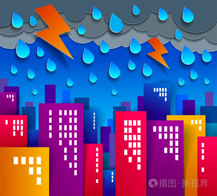 雷雨和闪电下的城市景观卡通矢量插图在剪纸儿童应用风格高城市建筑