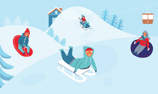 女孩和男孩在滑雪场上滑雪。孩子们在寒假玩得很开心。快乐的人在雪中户外玩耍。向量例证