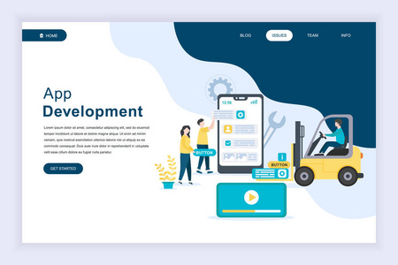 现代平面设计理念的应用开发网站和移动网站的发展。 登陆页面模板。 使用移动应用程序开发一个新项目的编程。 矢量图。