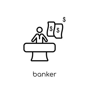 银行家偶像。 时尚的现代平面线性矢量银行家图标白色背景从细线加密货币经济和金融收集可编辑轮廓笔画矢量插图。