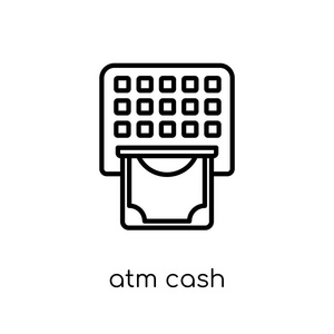 自动取款机现金图标。 时尚现代平面线性矢量ATM现金图标白色背景从细线一般收集可编辑轮廓笔画矢量插图。