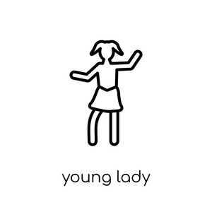 年轻女士图标。 时尚现代平面线性矢量年轻女士图标白色背景从细线女士收集可编辑轮廓笔画矢量插图。
