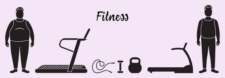 健身和运动的时间。 健康的生活方式。 参与运动的男人。 减肥。 运动设备跑步机，跳绳针，哑铃，水壶。