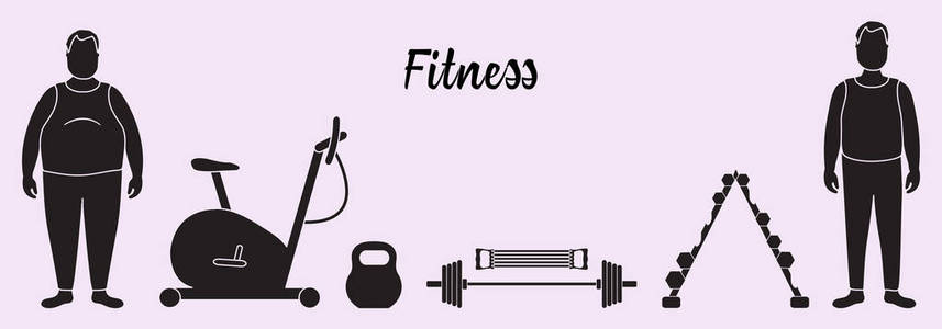 健身和运动的时间。 健康的生活方式。 参与运动的男人。 减肥。 运动器材运动自行车扩张器，杠铃，哑铃，水壶。