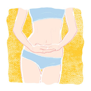 粉彩插图一个年轻的健康苗条的女人身体，平坦的腹部在内衣内裤和胸罩与手连接在肚脐下面。