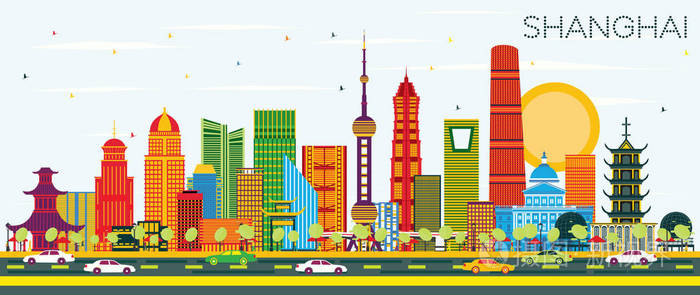上海中国城市天际线与彩色建筑和蓝天.矢量插图.